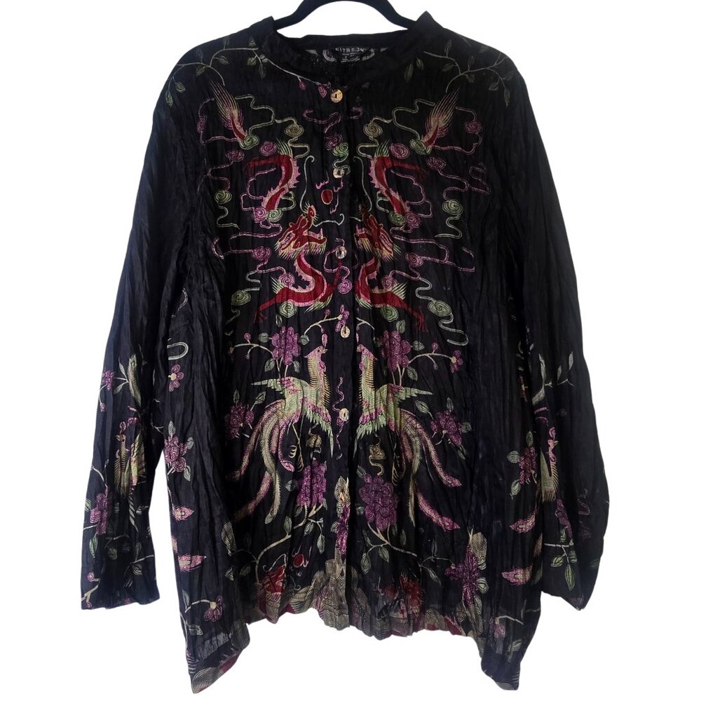 Citron Linen Blend Crinkle Top 3X Black w/ Red Blue Green Dragons